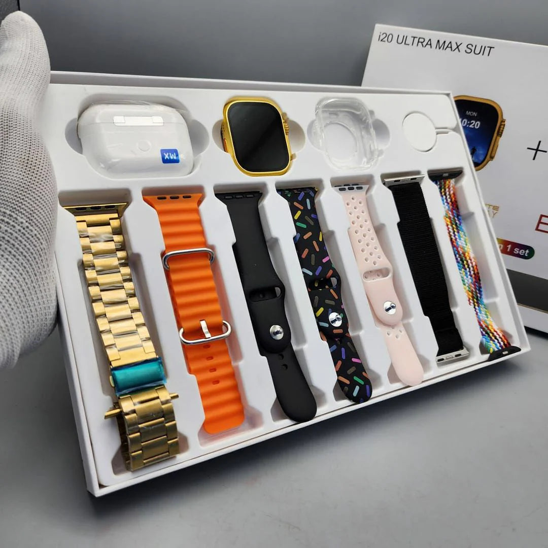 i20 Ultra Max Suit 7‑in‑1 Smartwatch + Wireless Earbuds Combo