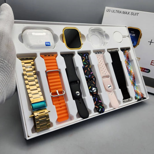 i20 Ultra Max Suit 7‑in‑1 Smartwatch + Wireless Earbuds Combo